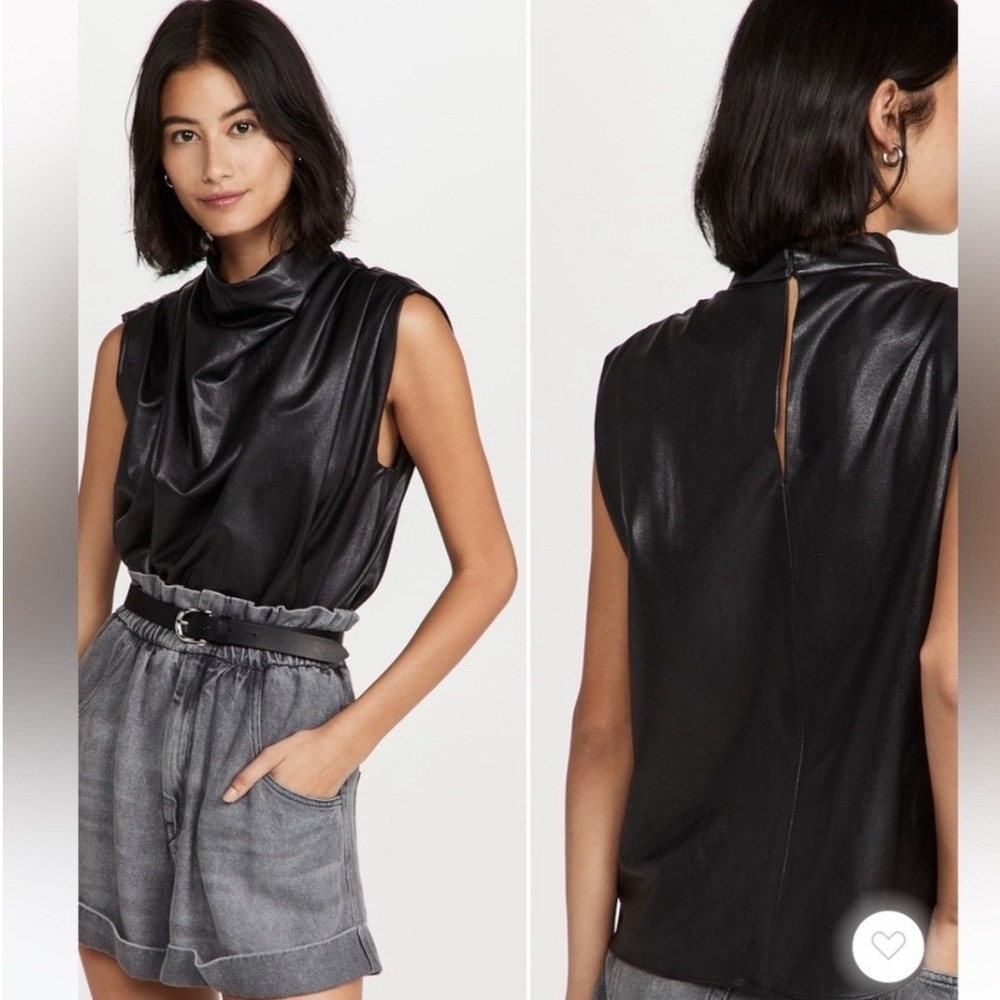 Amanda Uprichard Fabienne Faux Leather Cowl Neck Top Black S